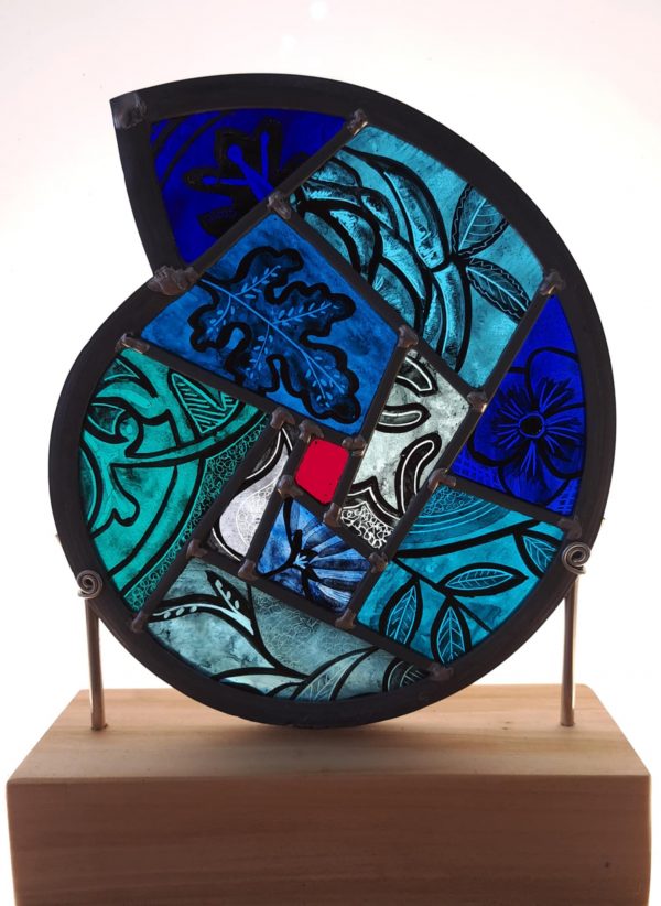 Timber mounted hand painted Ammonite - Blue Mystery