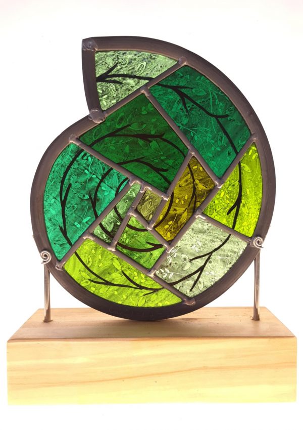 Timber mounted hand painted Ammonite - Emerald Spiral